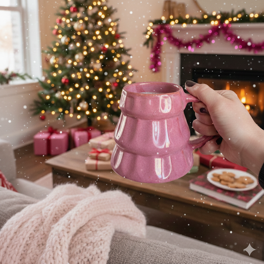 Merry Tree Christmas Handmade Coffee Mug - Pink Effect Glossy FInish