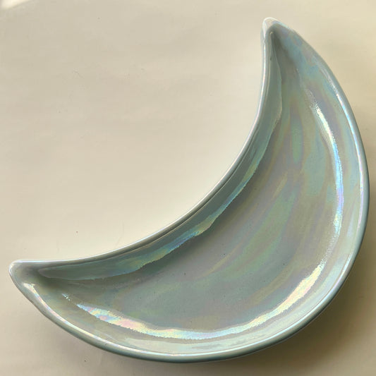 Ramadan Crescent Pottery Plate - Baby Blue Iridescent