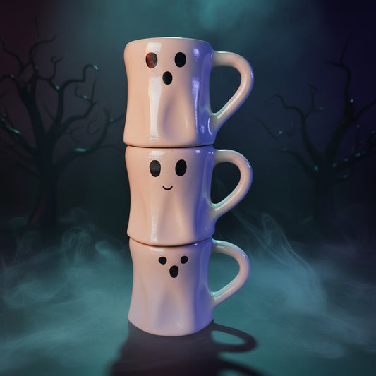 Three white mugs with ghost faces stacked on a white background