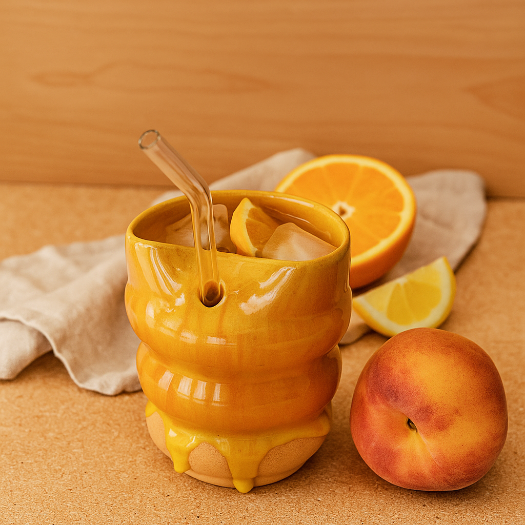 Yellow cup with a straw, orange, lemon, and peach on a wooden surface