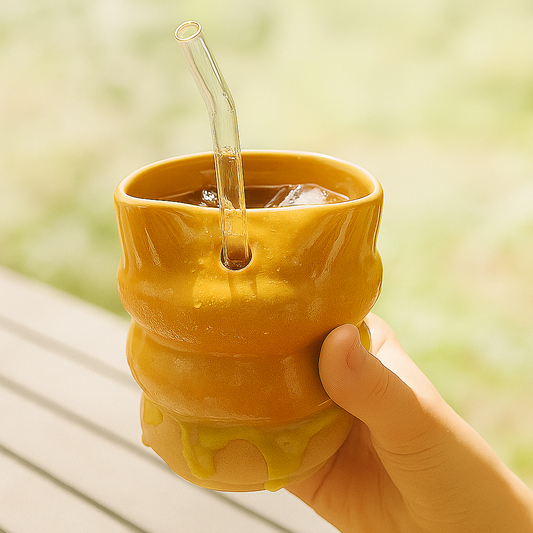 Small yellow ceramic tumbler with straw in a woman's hand
