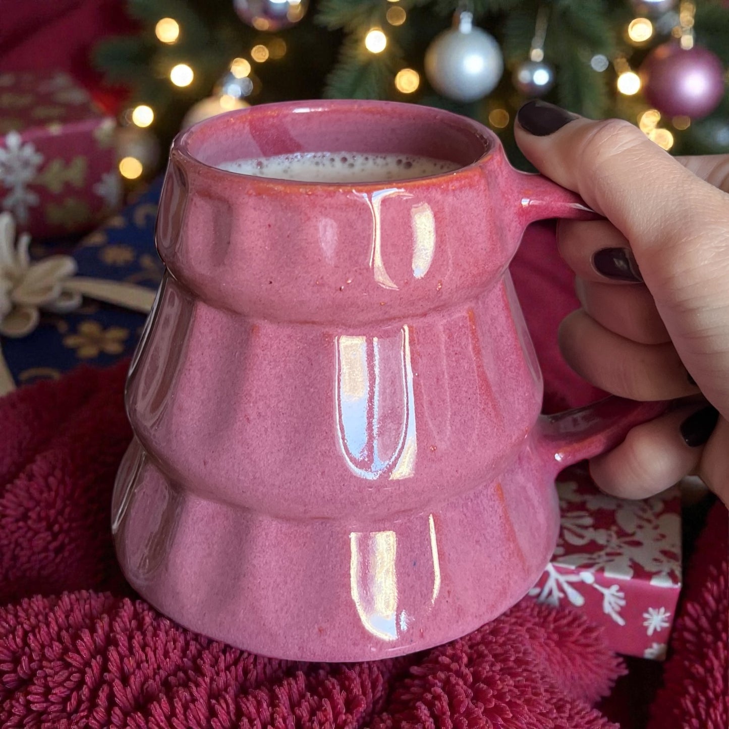 Merry Tree Christmas Handmade Coffee Mug - Pink Effect Glossy FInish