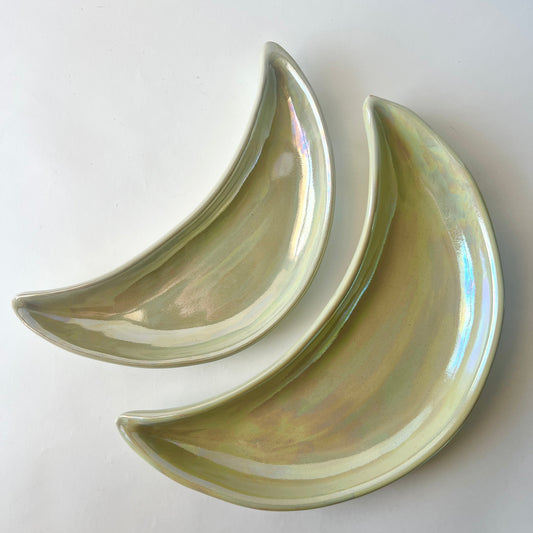 Ramadan Crescent Pottery Plate - Light Green Iridescent