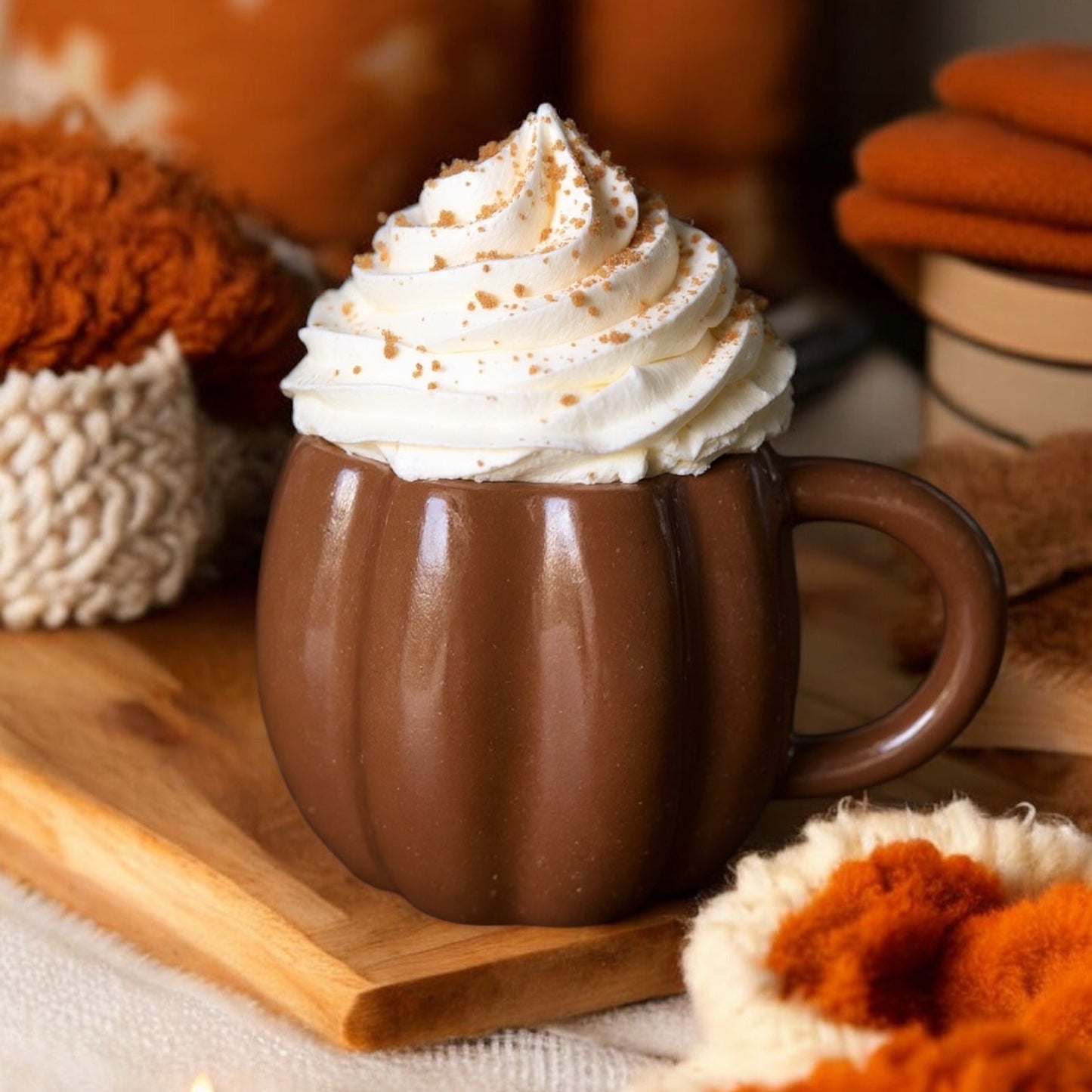 Chocolate pumpkin mug with whipped cream on a wooden tray with cozy background