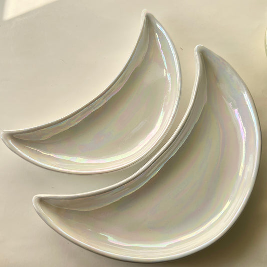 Ramadan Crescent Pottery Plate - White Iridescent