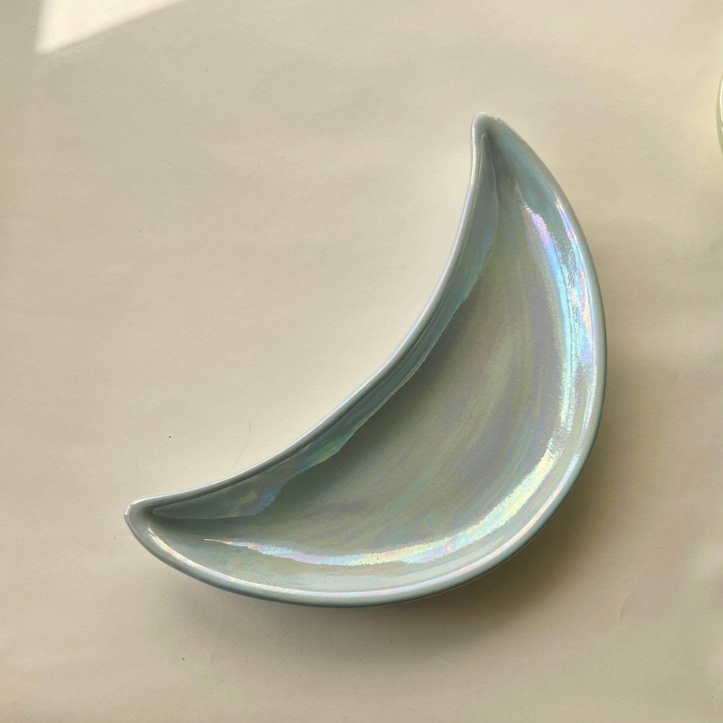 Ramadan Crescent Pottery Plate - Baby Blue Iridescent