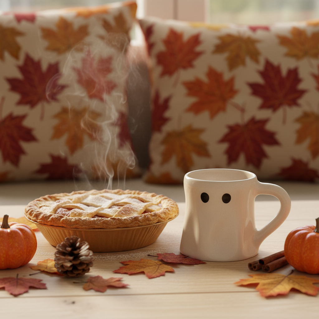 Handmade ceramic ghost mug with three face variants, styled in a cozy Halloween-themed setting with cupcakes and autumn decor.