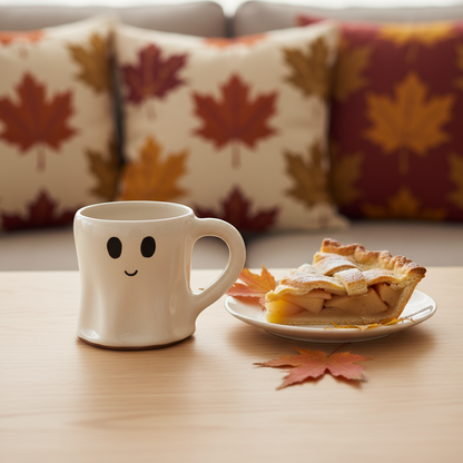 Handmade ceramic ghost mug with three face variants, styled in a cozy Halloween-themed setting with cupcakes and autumn decor.