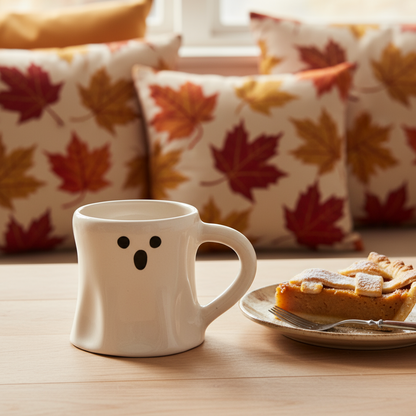 Handmade ceramic ghost mug with three face variants, styled in a cozy Halloween-themed setting with cupcakes and autumn decor.