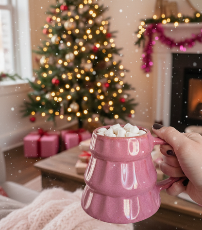 Merry Tree Christmas Handmade Coffee Mug - Pink Effect Glossy FInish