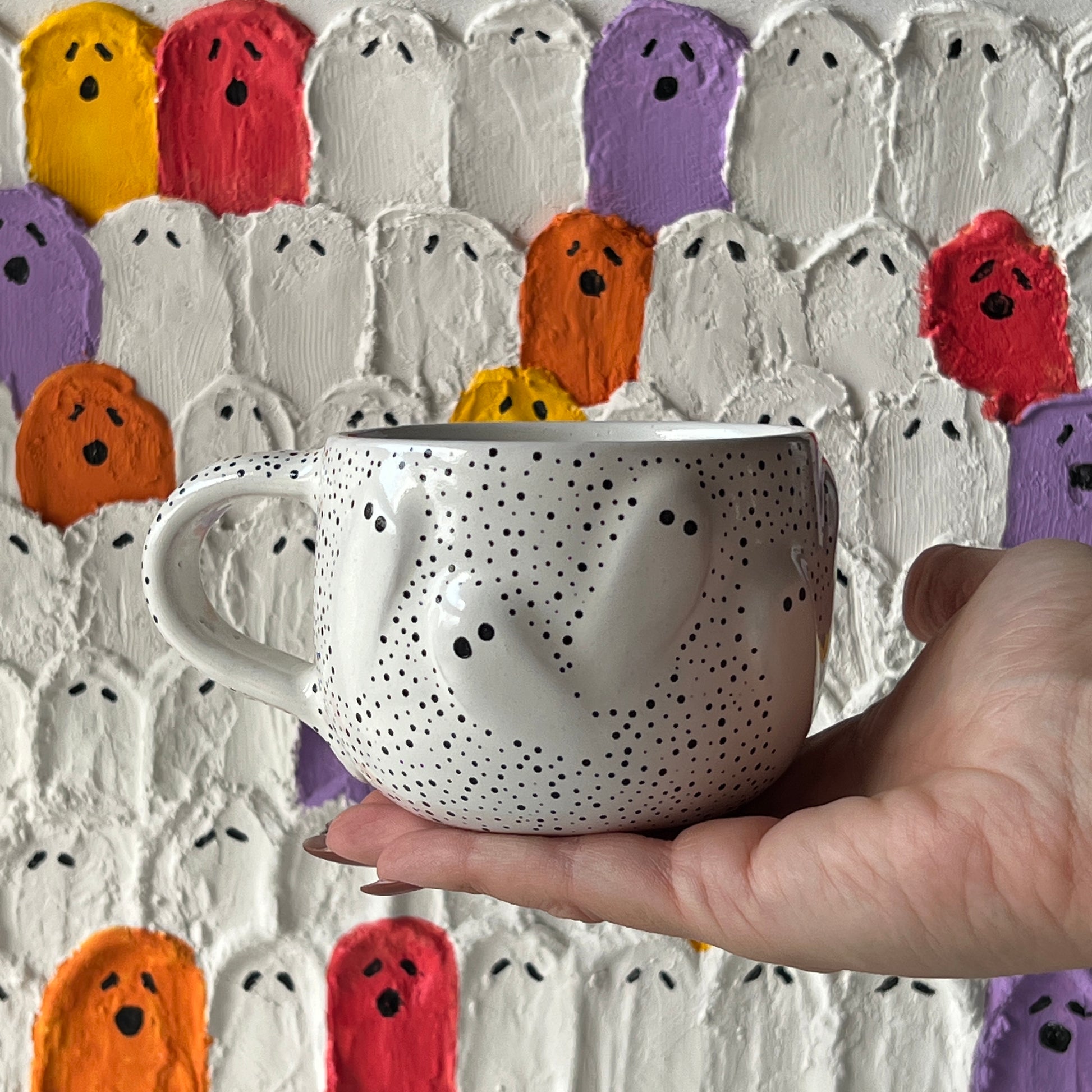 Halloween ghost ceramic coffee mug, 200ml, handmade side view