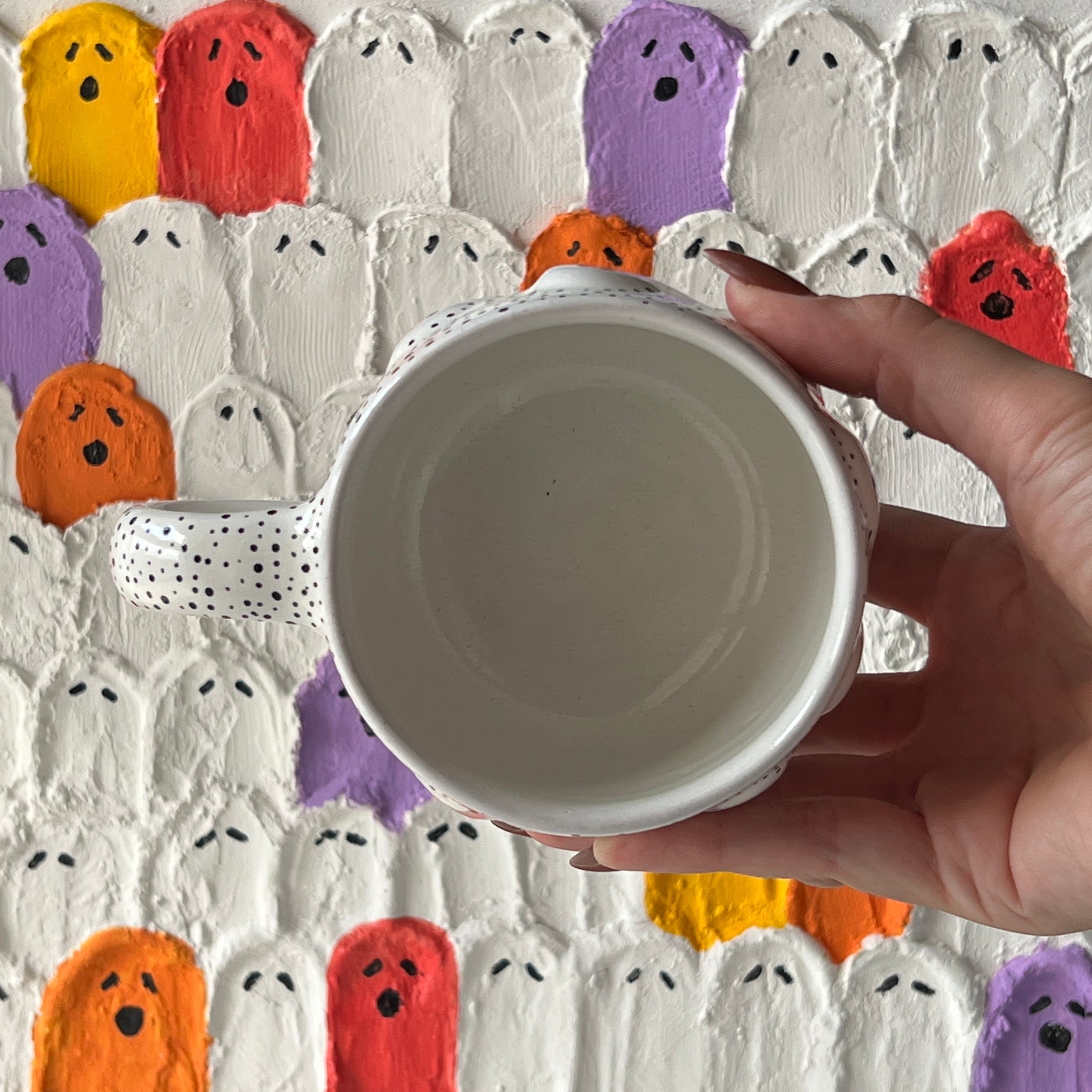Halloween ghost ceramic coffee mug, 200ml, handmade. top view